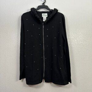 The Quacker Factory Rhinestone Hooded Zip Up Sweater Jacket Bling Faux Fur